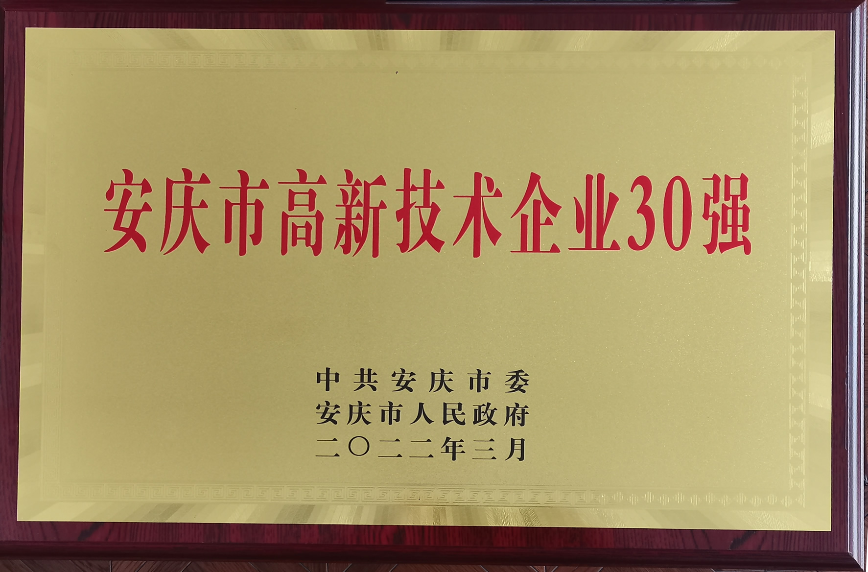 我司获得安庆市高新技术企业三十强称号