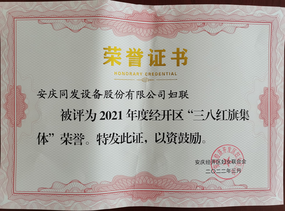 安庆市经开区授予我司妇联“三八红旗集体”荣誉证书
